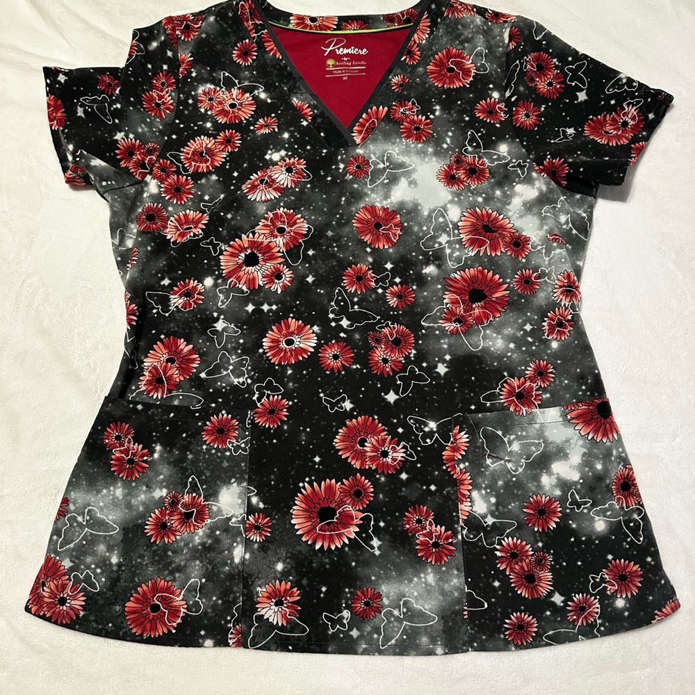 healing hands Black V-Neck Scrub Top with Red Floral & Butterfly Print